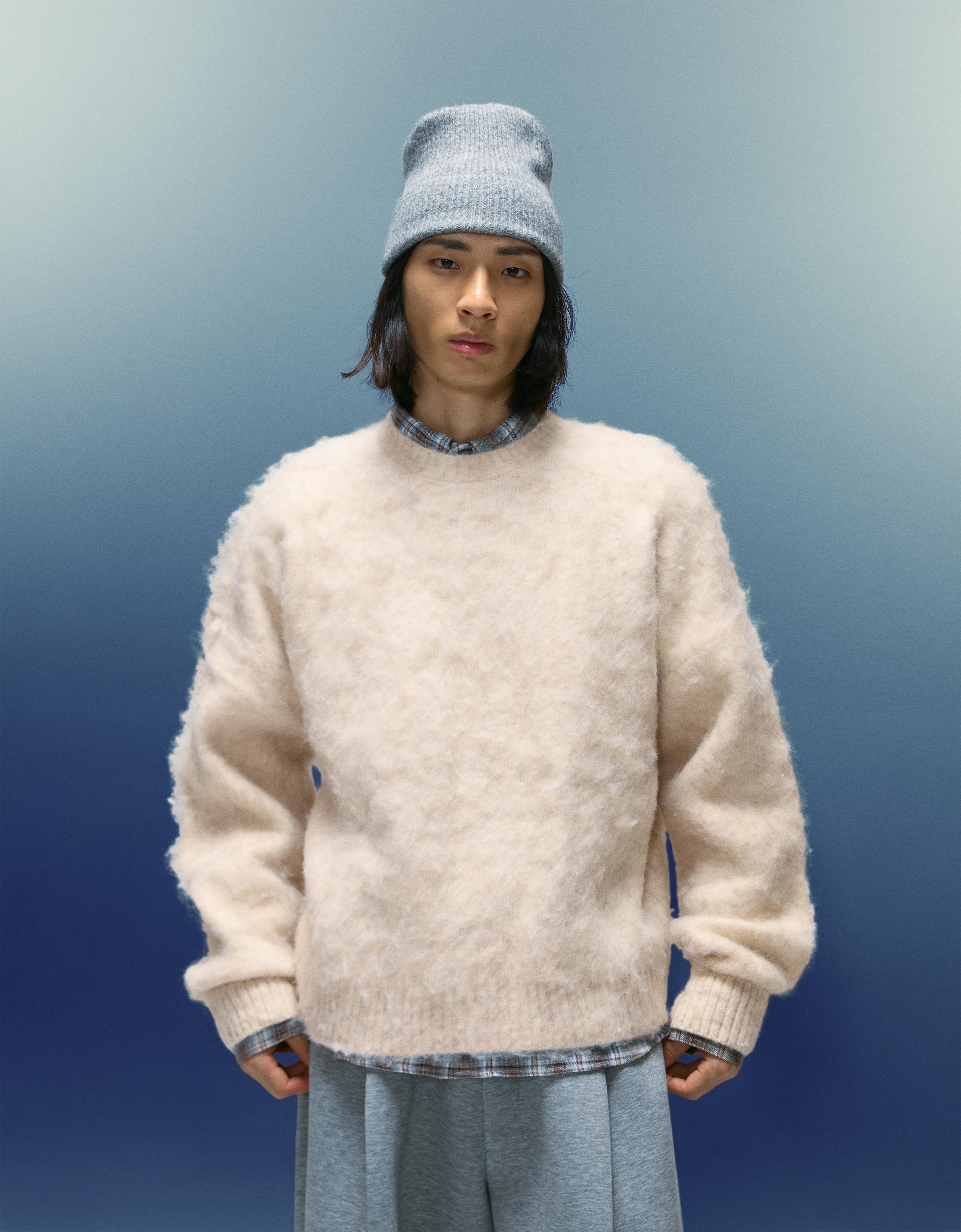 Bershka Pullover Mit Kunstfell Herren S Beige