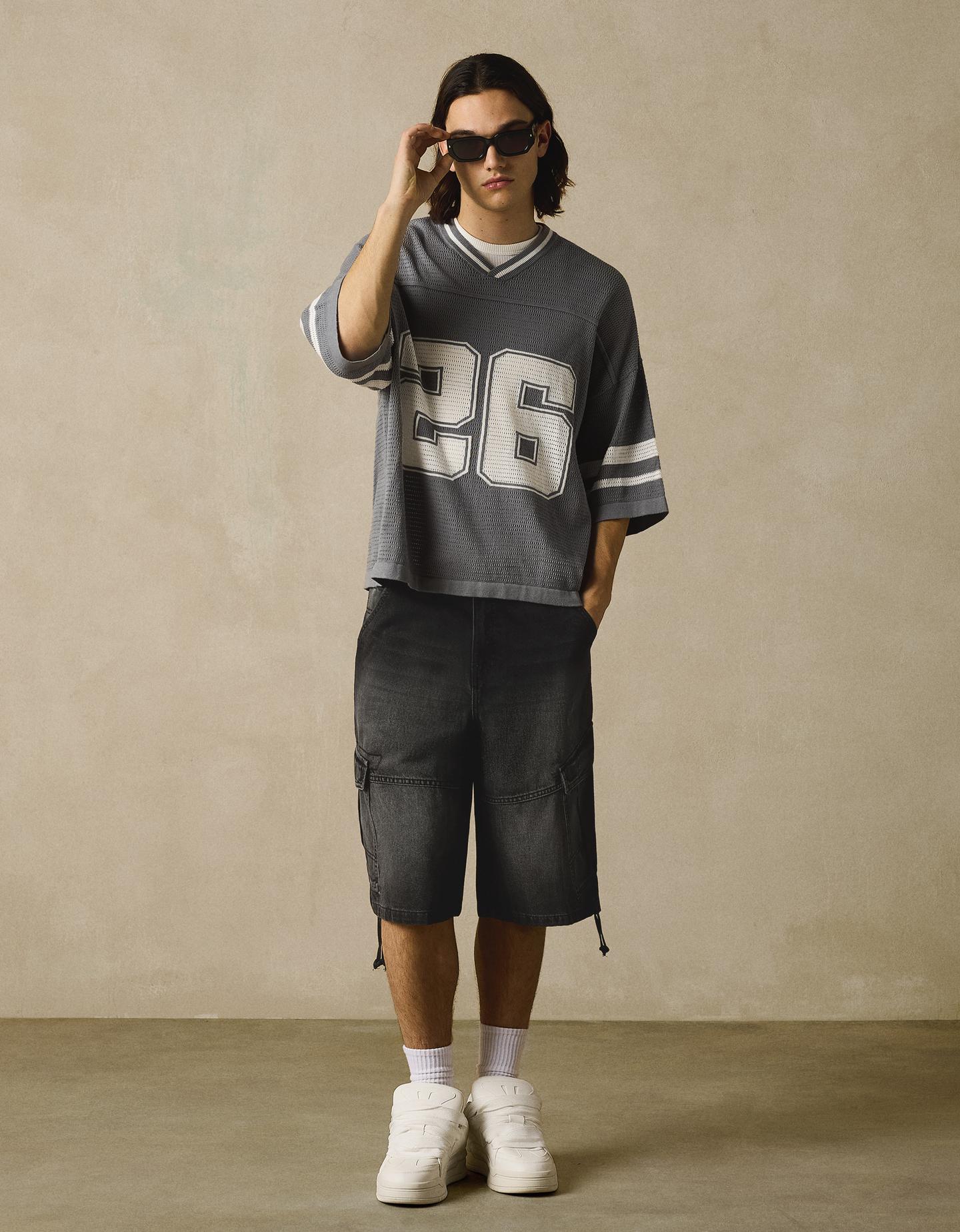 Bershka Bermuda In Denim Cargo Parachute Uomo 44 (Eur 38) Nero