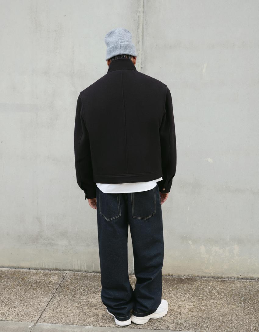 Felt texture jacket with zip-Black
