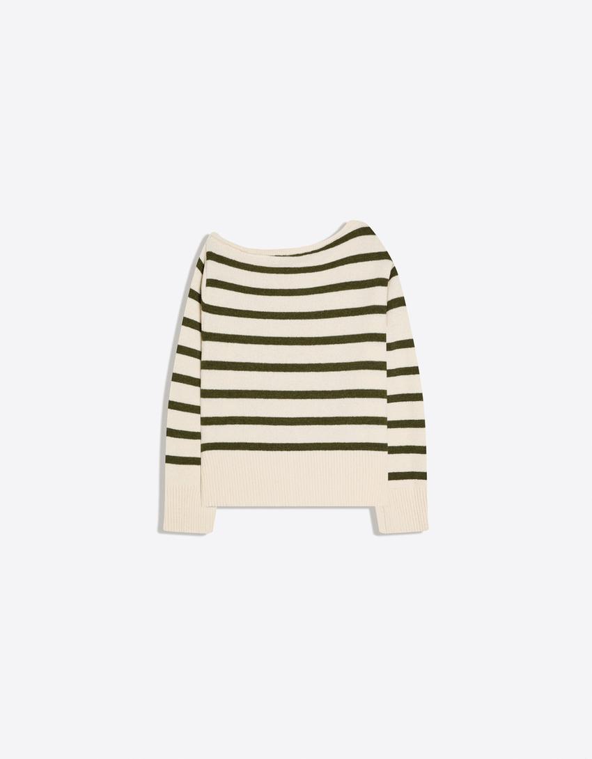 Rustic striped asymmetric sweater-Green