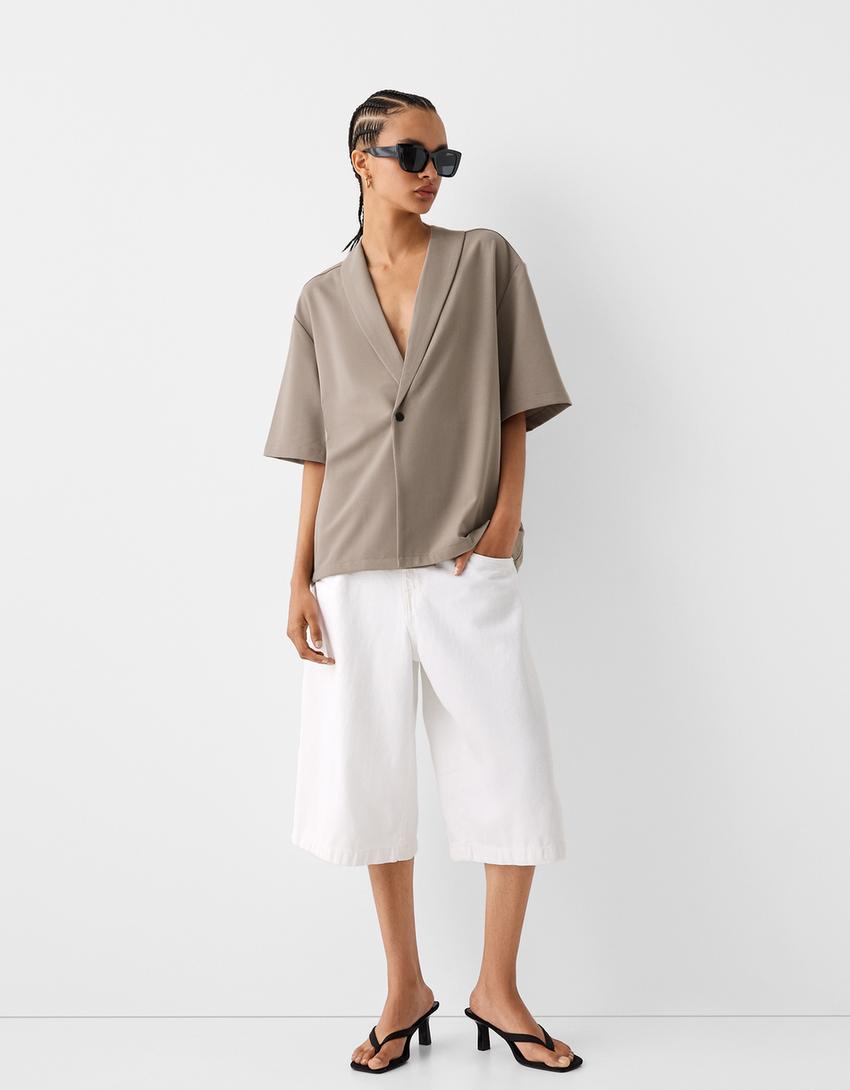 Вталена квадратна риза с къс ръкав и прехлупка-Пясъчен цвят-4