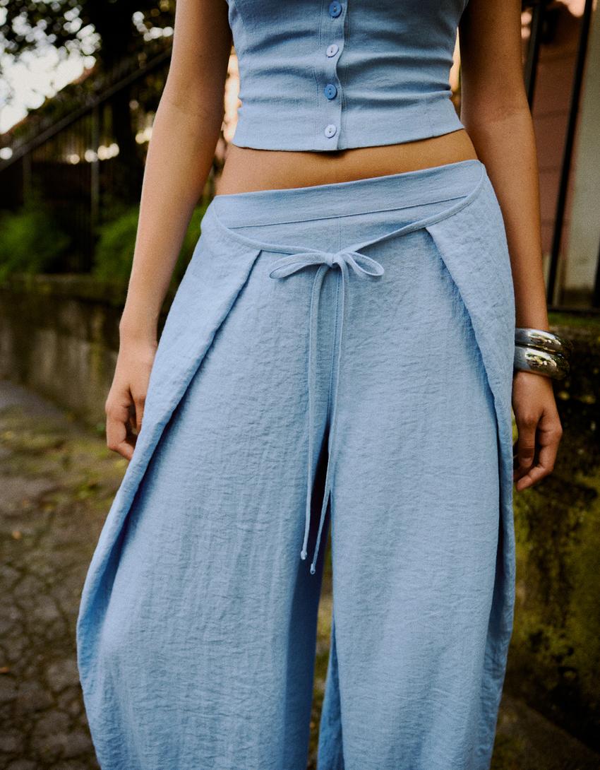 Wide-leg rustic pleated trousers-Light blue