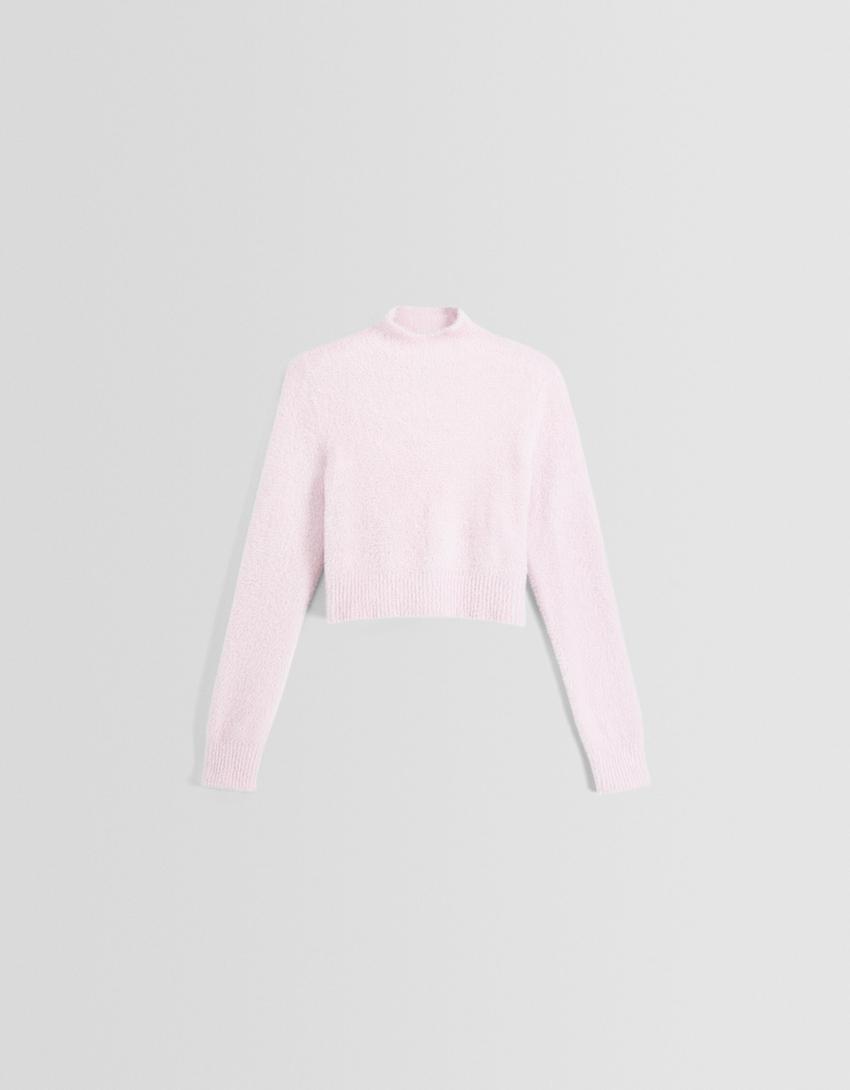 High neck fuzzy sweater-Pink-4