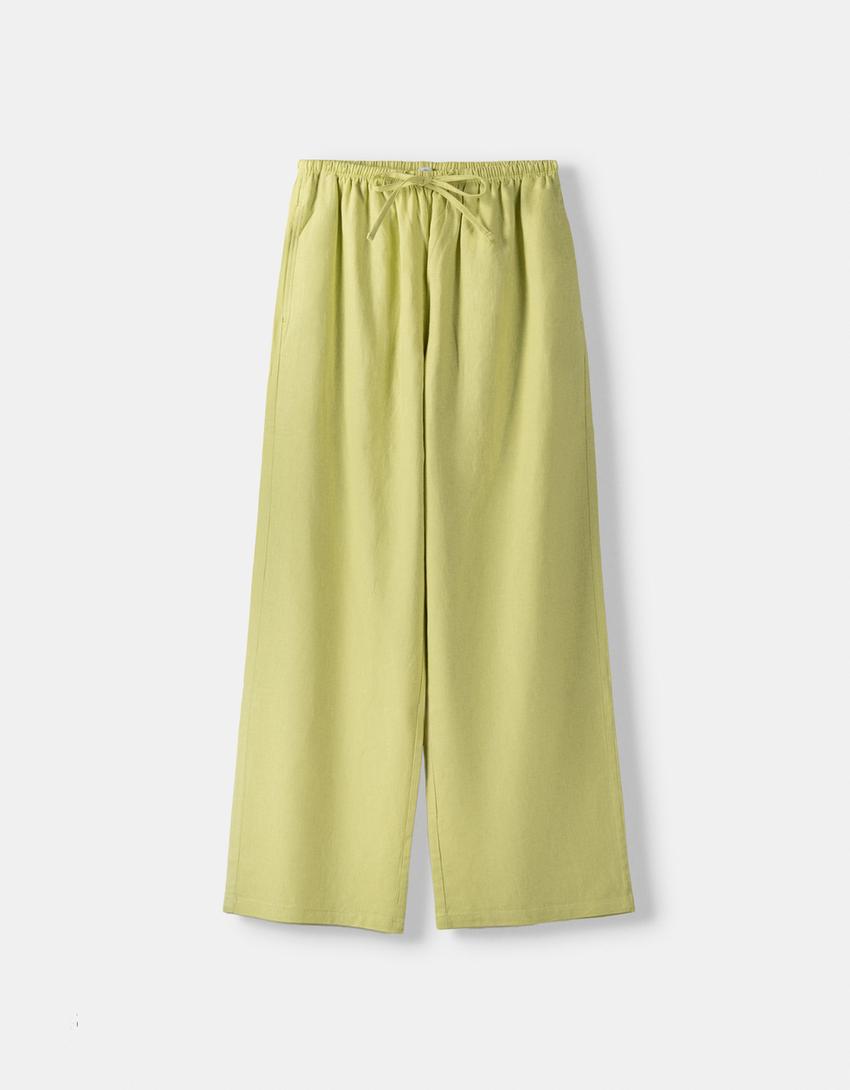 بنطال كتان بقصّة مستقيمة وخصر مرن-أخضر-4