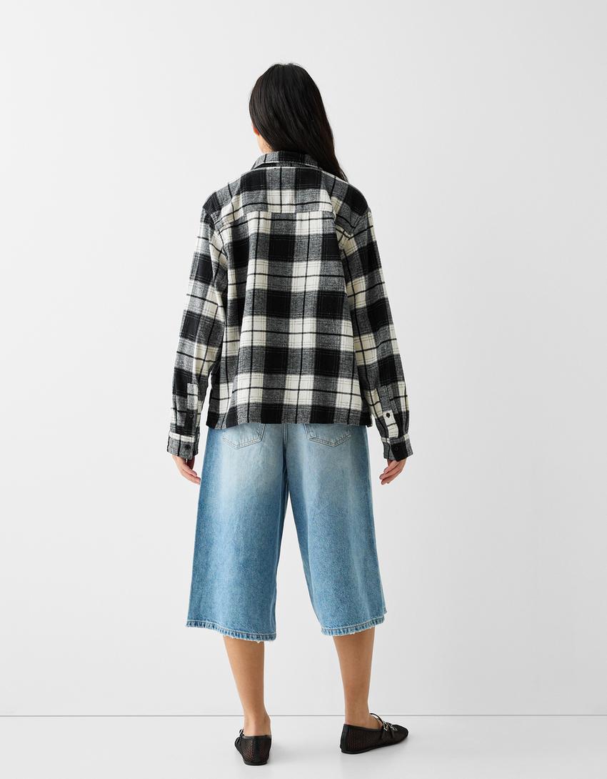 Camisa manga comprida cropped quadrados-Preto-1