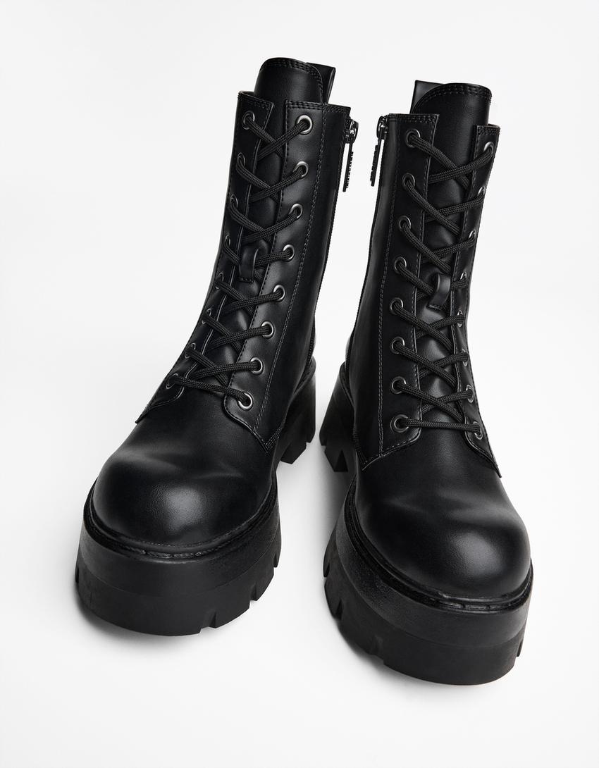 Lace-up track sole ankle boots-BLACK-3