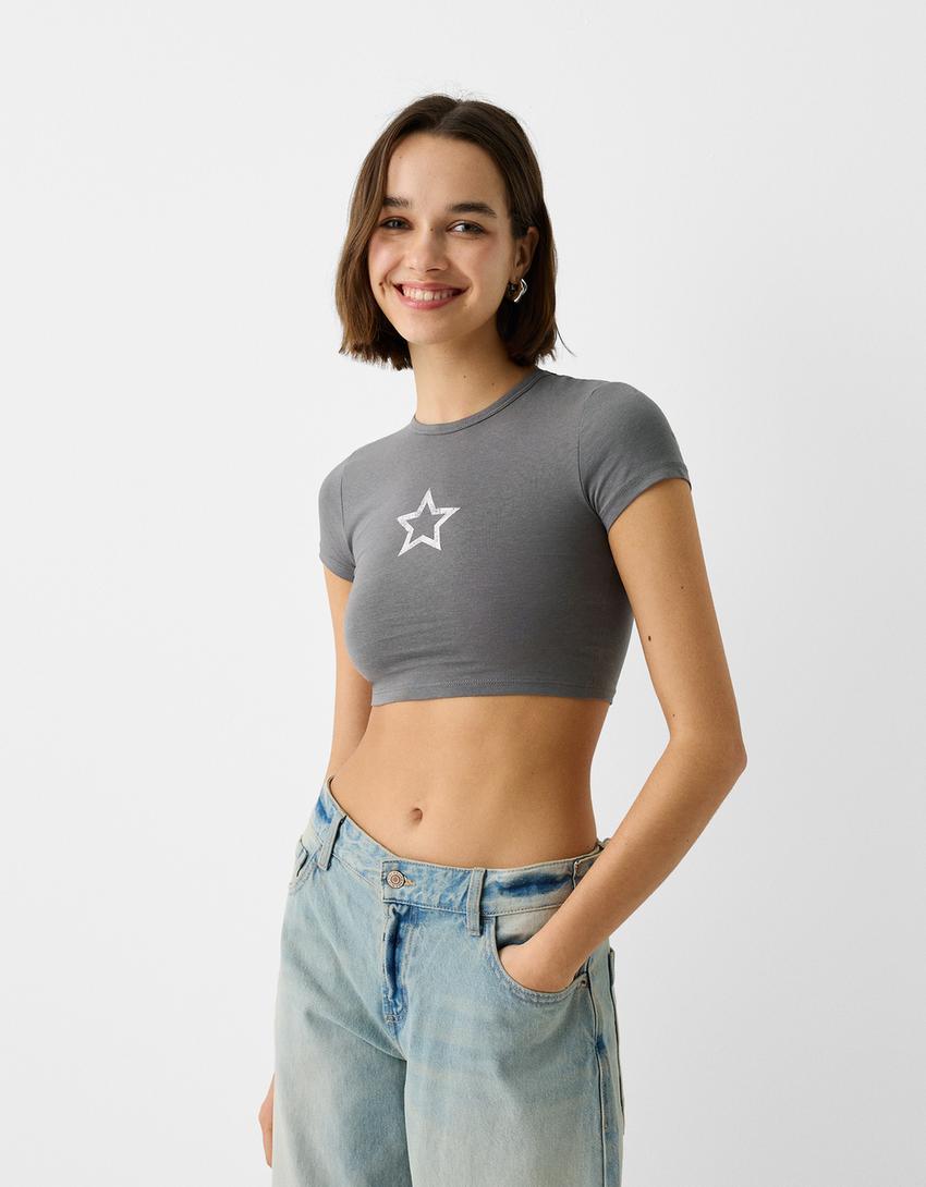 T-shirt manches courtes imprimé-Gris-0