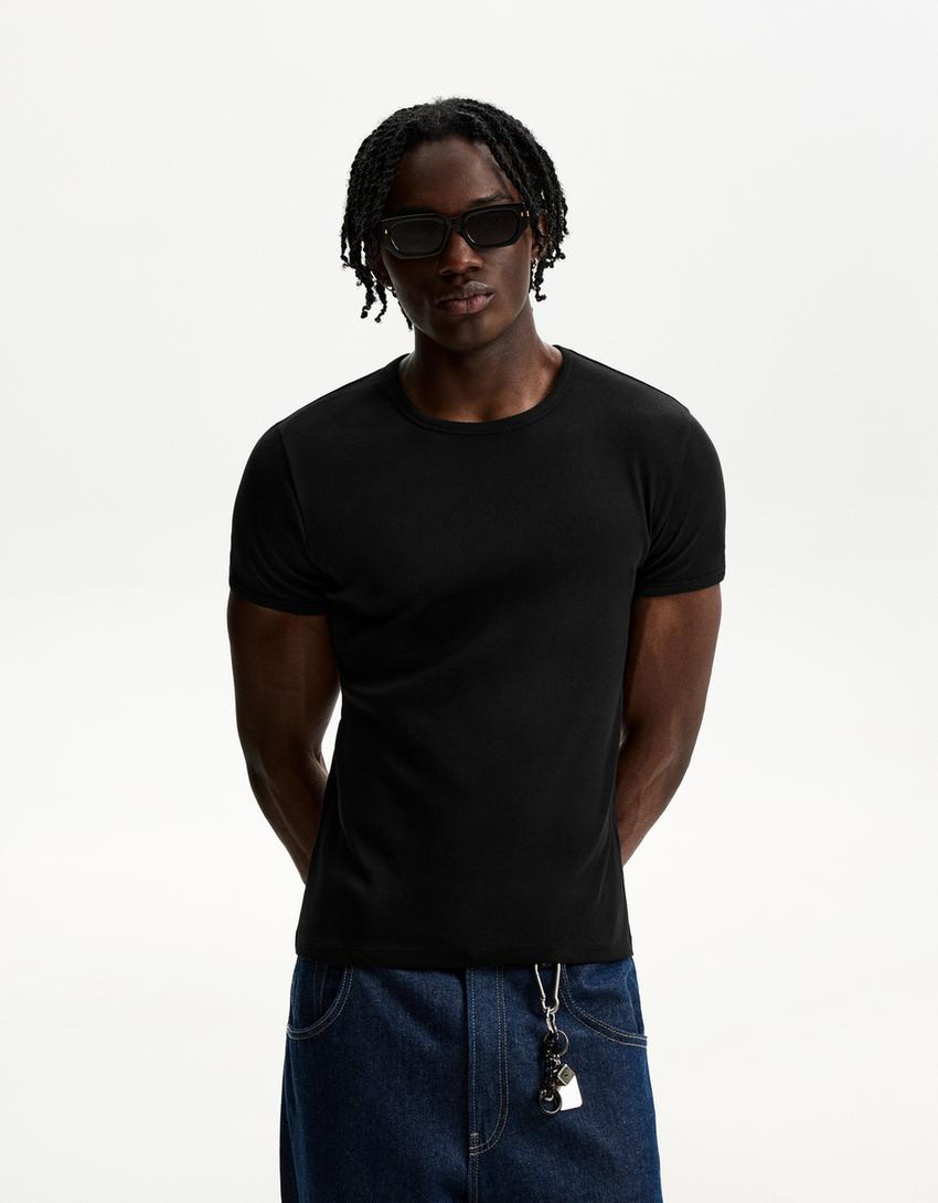 Ribbed short sleeve T-shirt-Black
