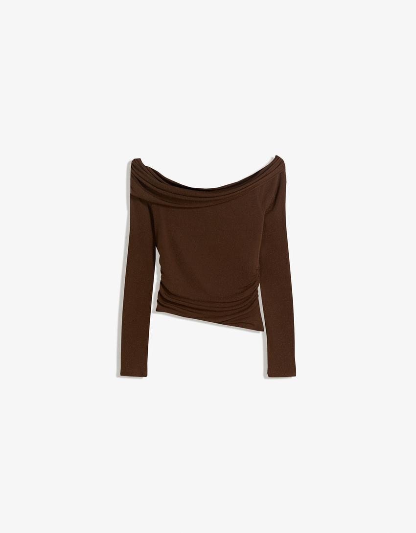 Top bardot structurat cu sclipici-Maro