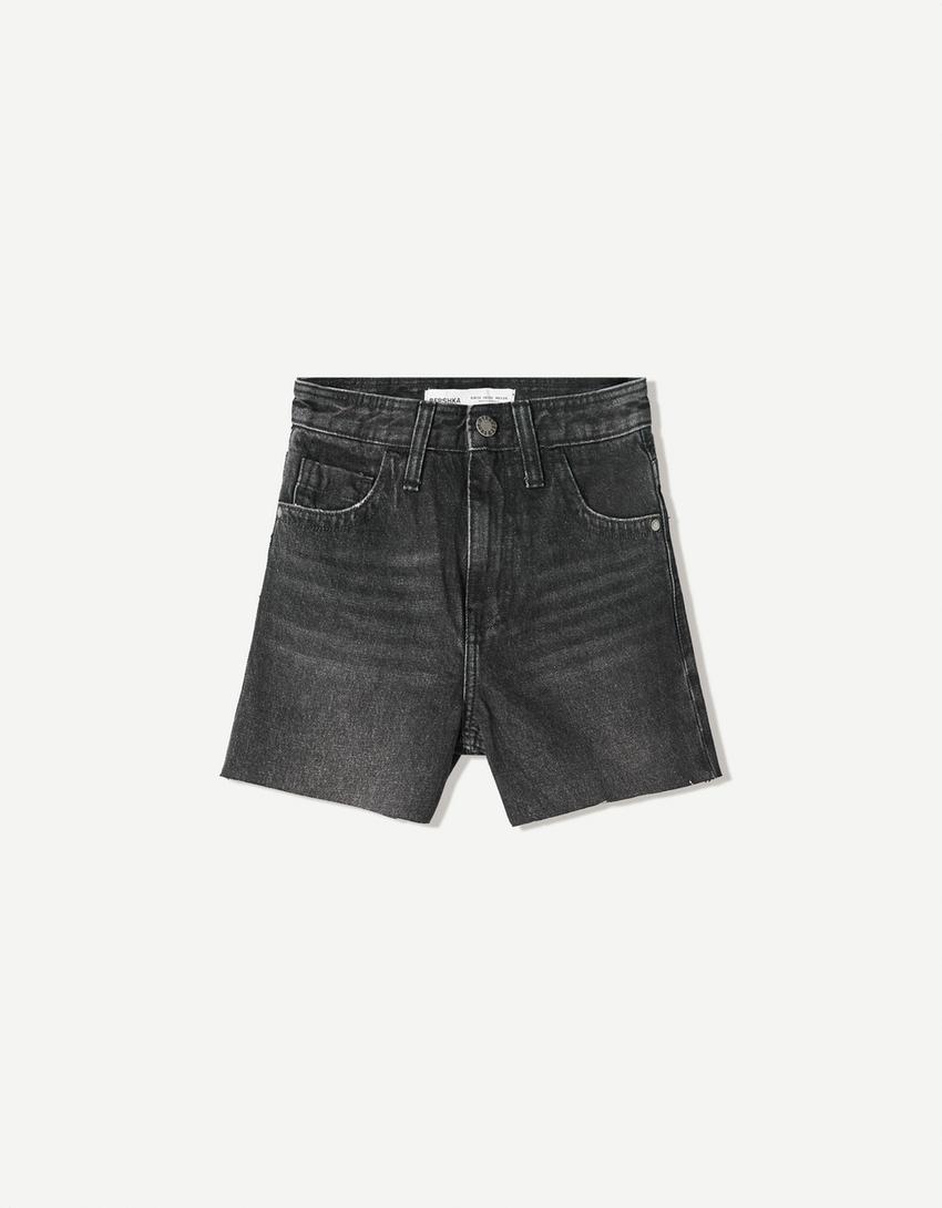 Short in denim anni '90 a gamba larga con risvolto-Nero-3