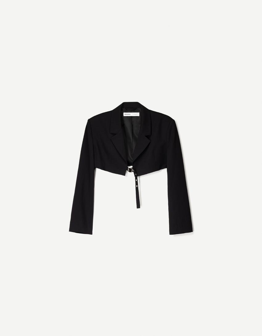 Rok met bandplooi en blazer met bandplooi-Zwart-4