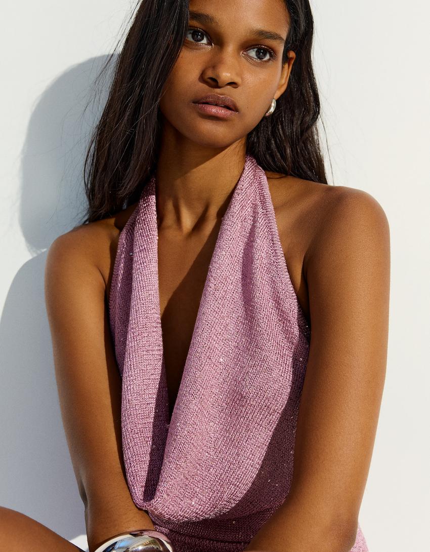 Sequinned halter mini dress-Pink