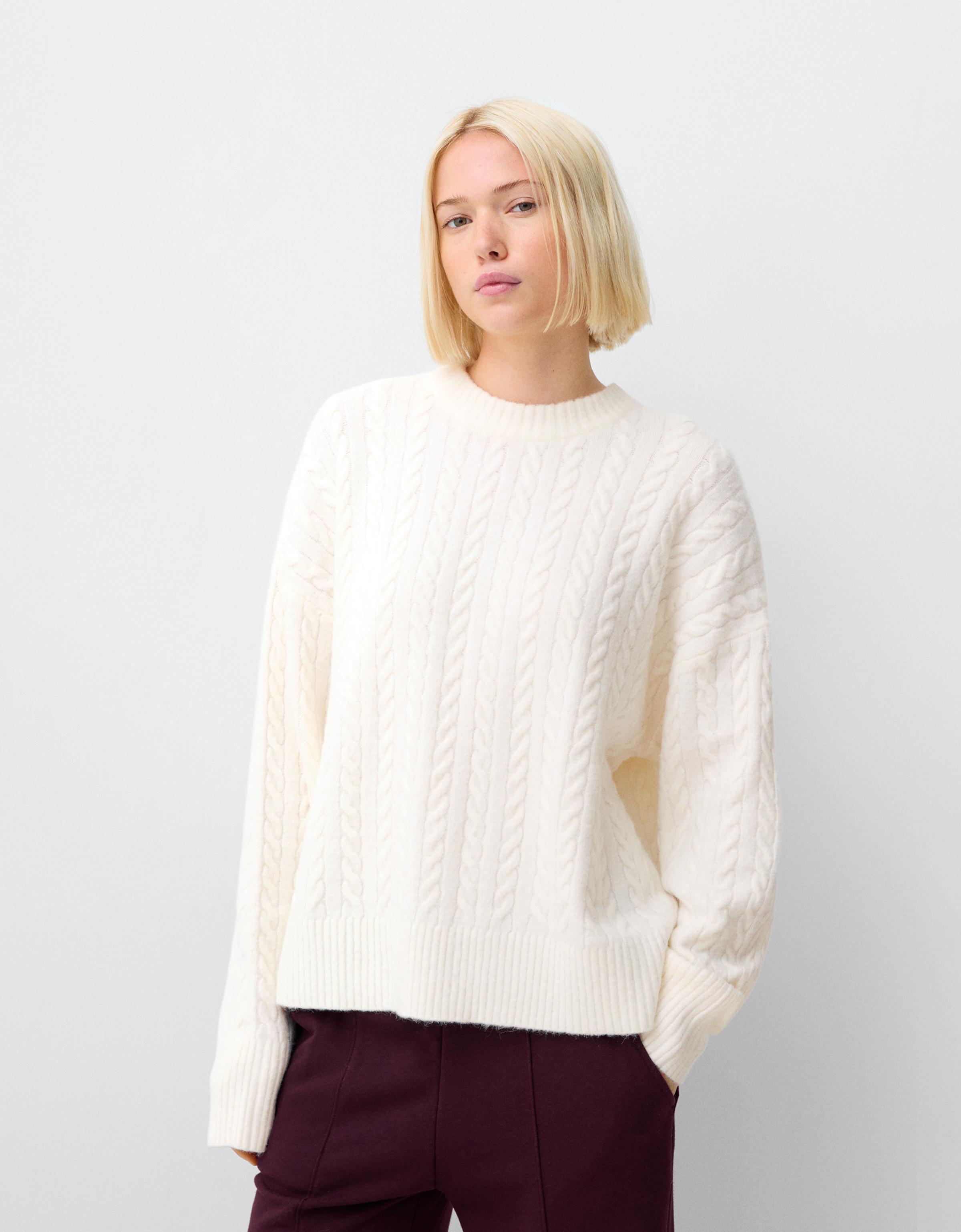 Bershka Oversize-Pullover Mit Flechtmuster Damen Xs Weiss