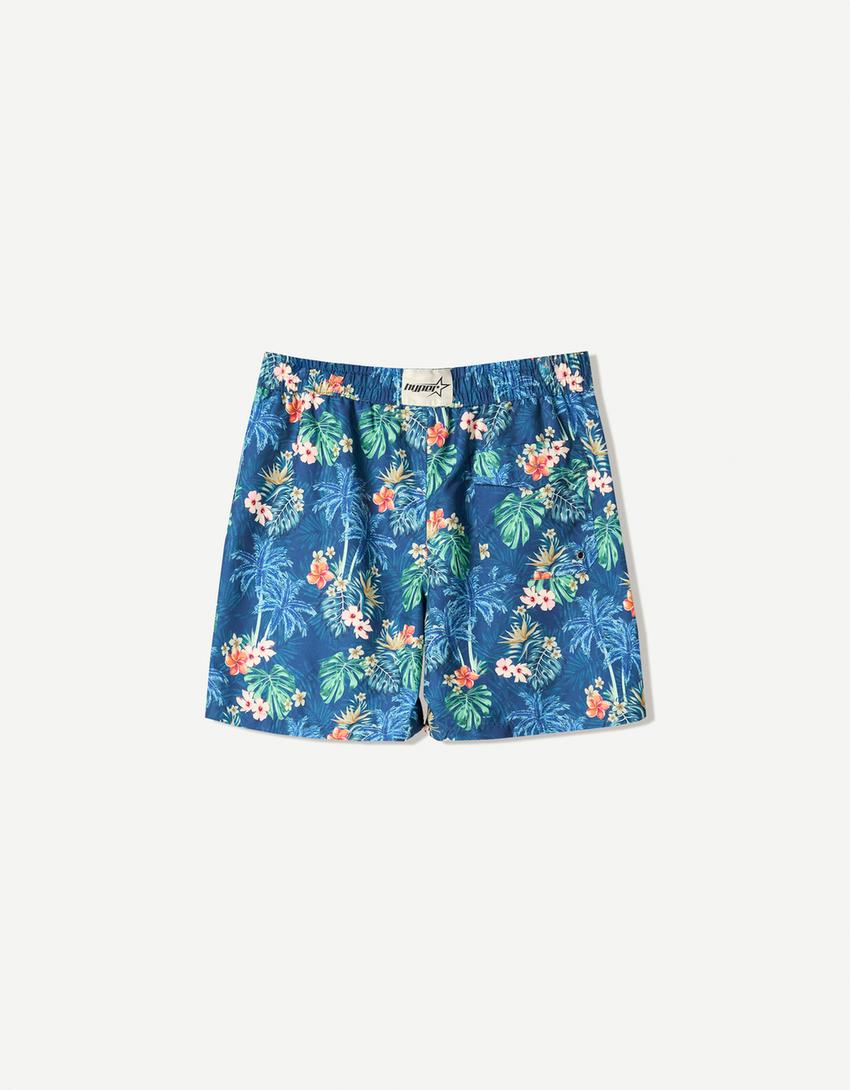 Calções de banho compridos com estampado tropical-Azul
