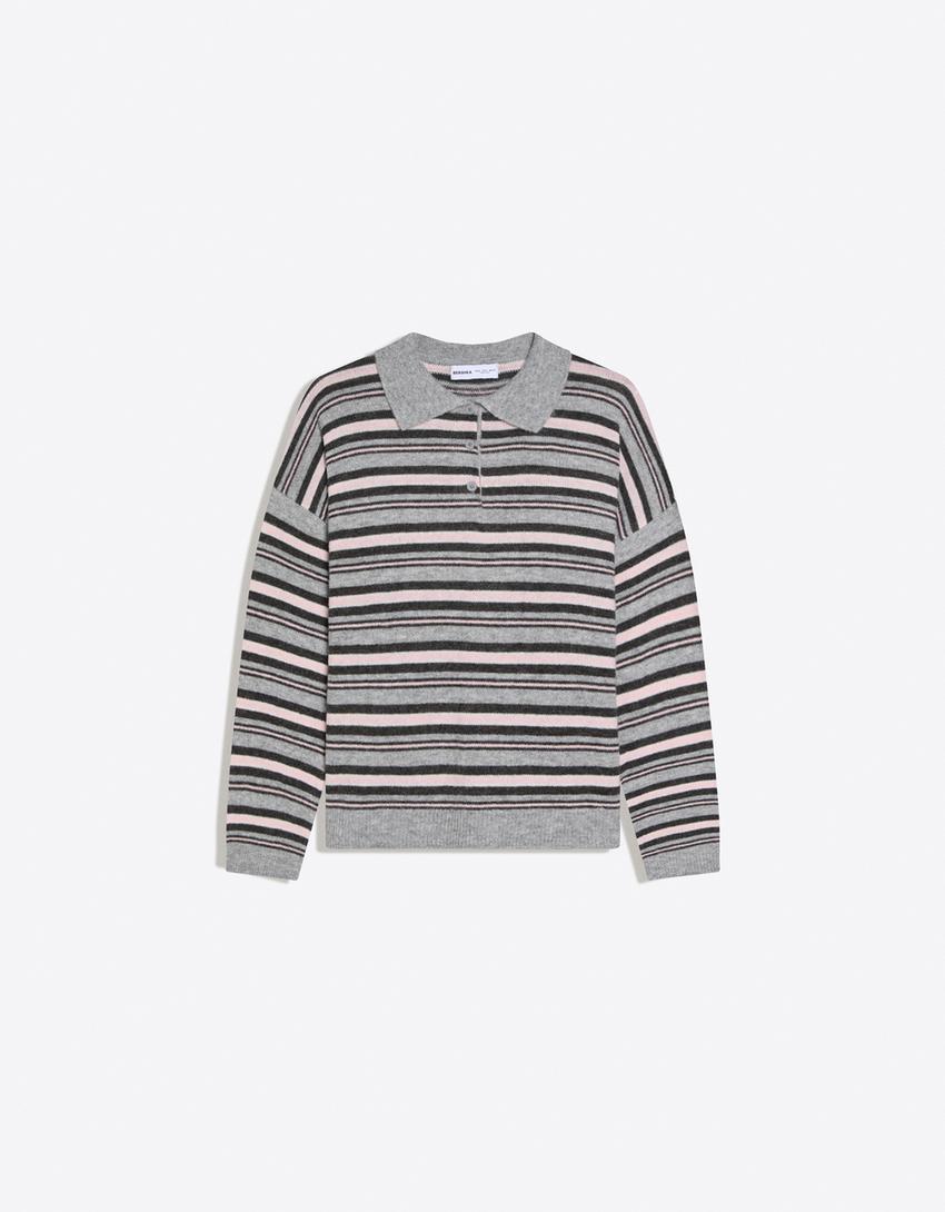 Desenli polo yaka kazak-Gri