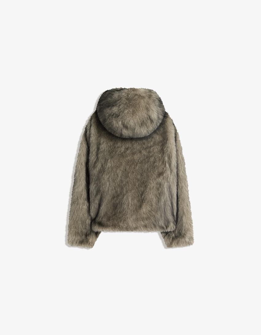 Faux fur hooded jacket-Grey