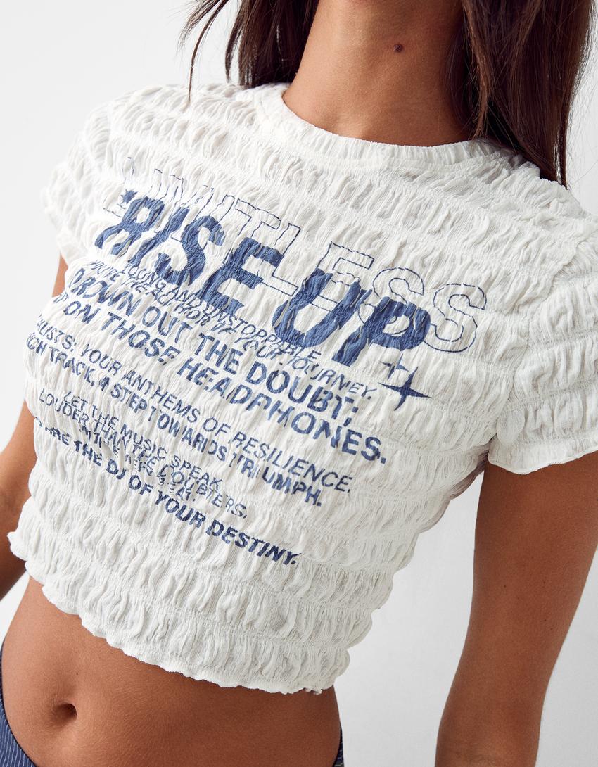 Short sleeve waffle-knit T-shirt with print-Off white-2