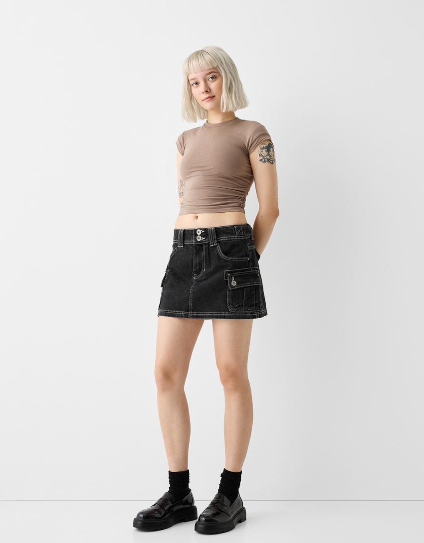 Mini-jupe denim cargo-Noir-3