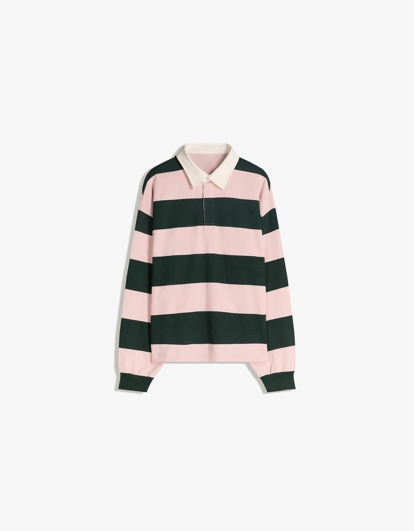 Striped plush polo shirt-Pink