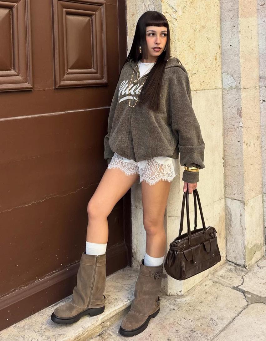 Baskılı şönil kapüşonlu fermuarlı sweatshirt-Gri