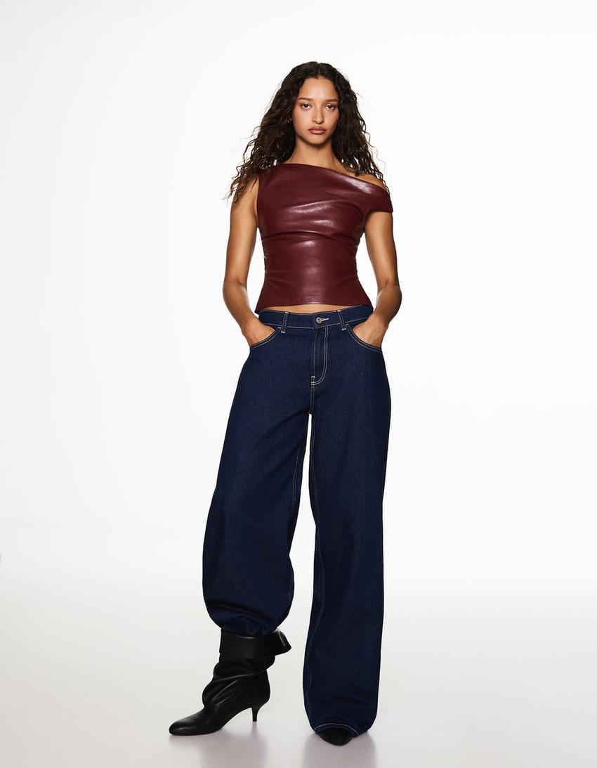 Asymmetric leather effect top-Maroon