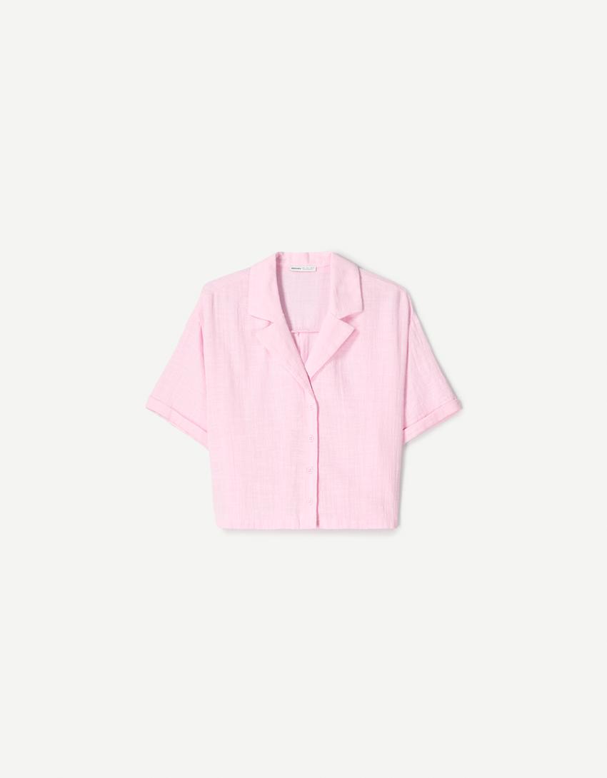 Textured rustic short sleeve shirt-Pink
