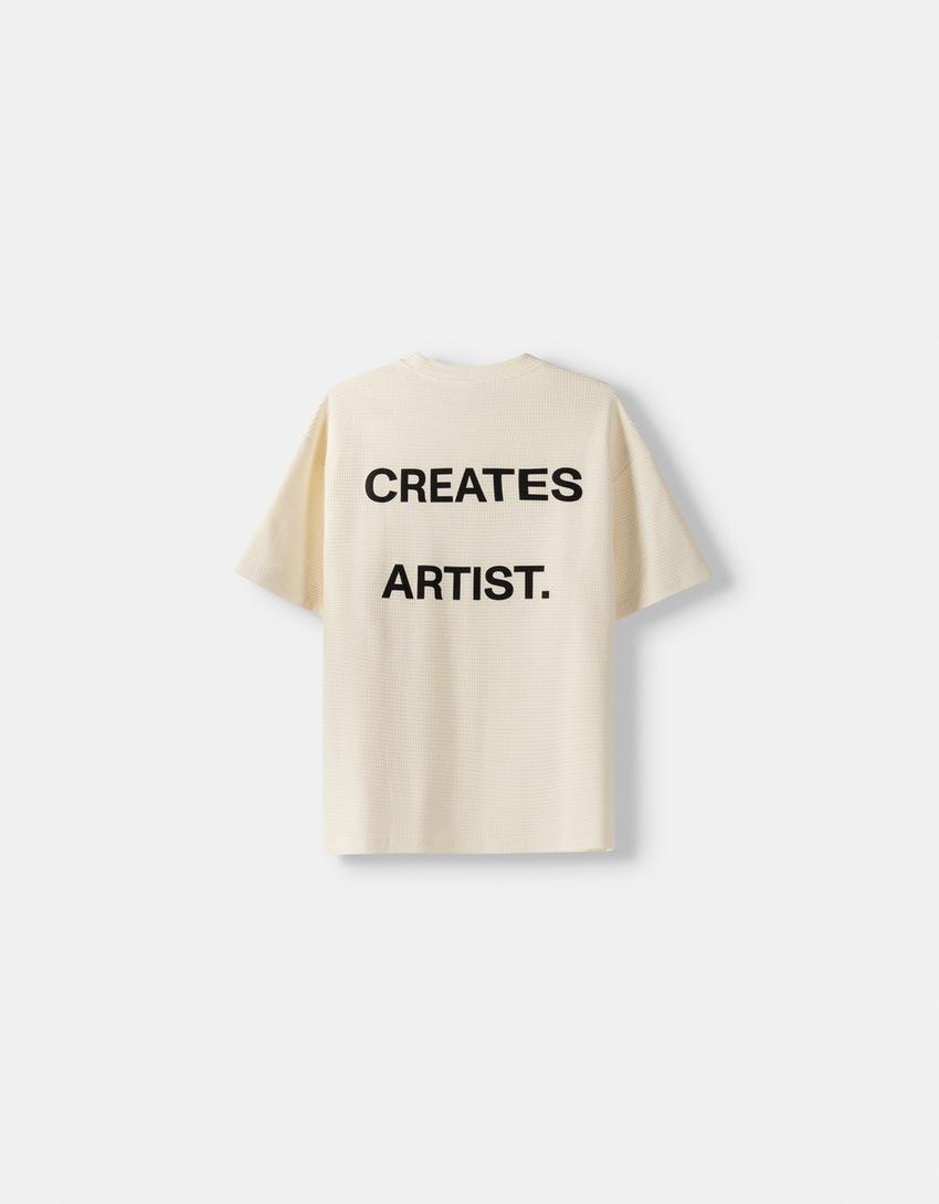 Printed boxy-fit waffle-knit short sleeve T-shirt-Cream