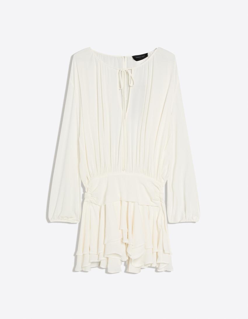 Mini dress with sash and flared skirt-Beige