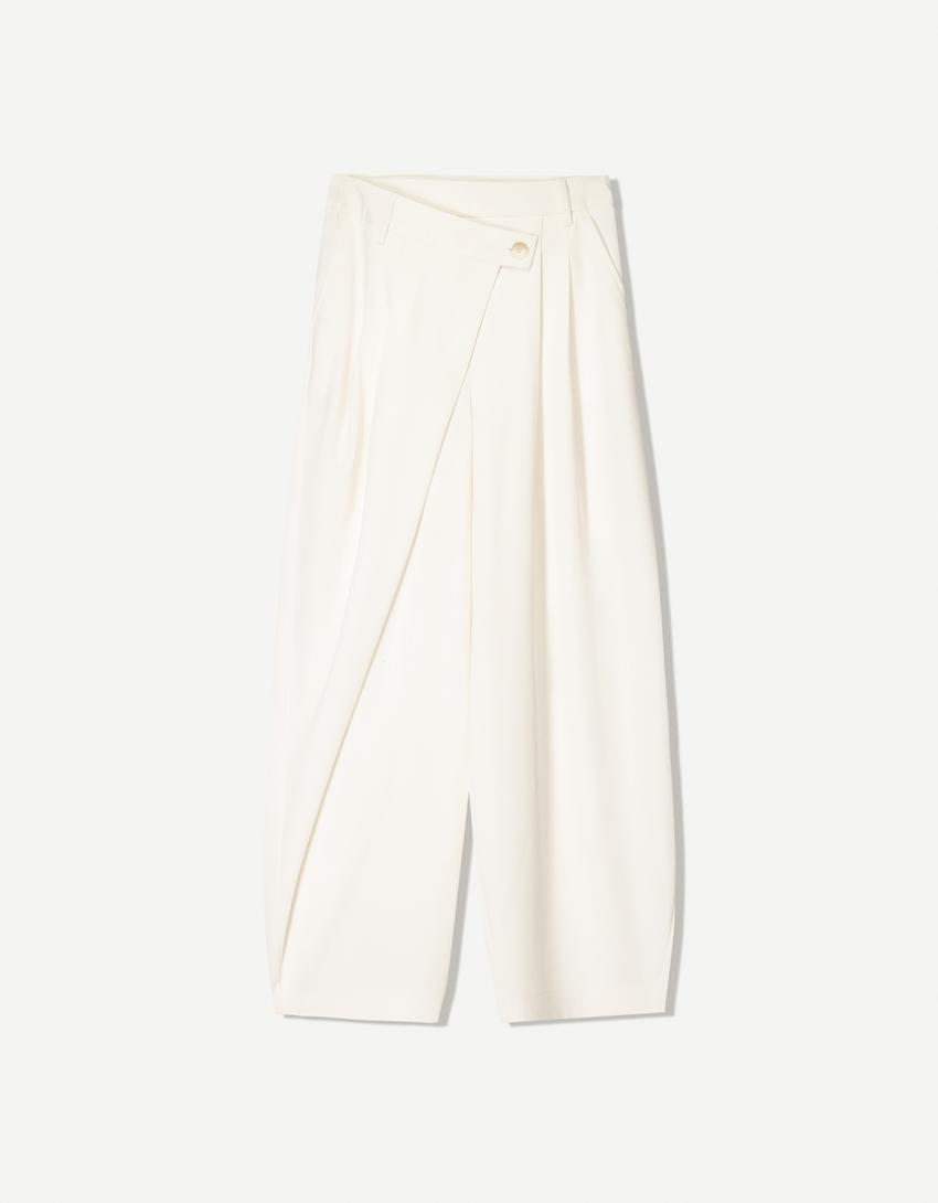 Tailoring broek met taille met overslag-Ecru-4