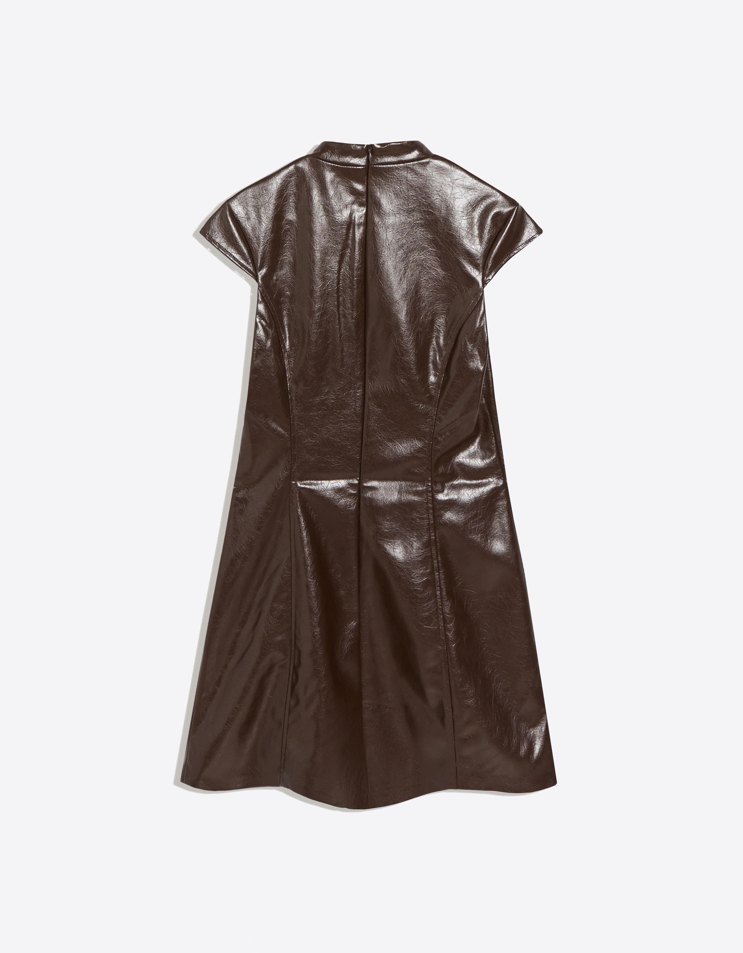 Leather effect mini dress with a high neck — Brown