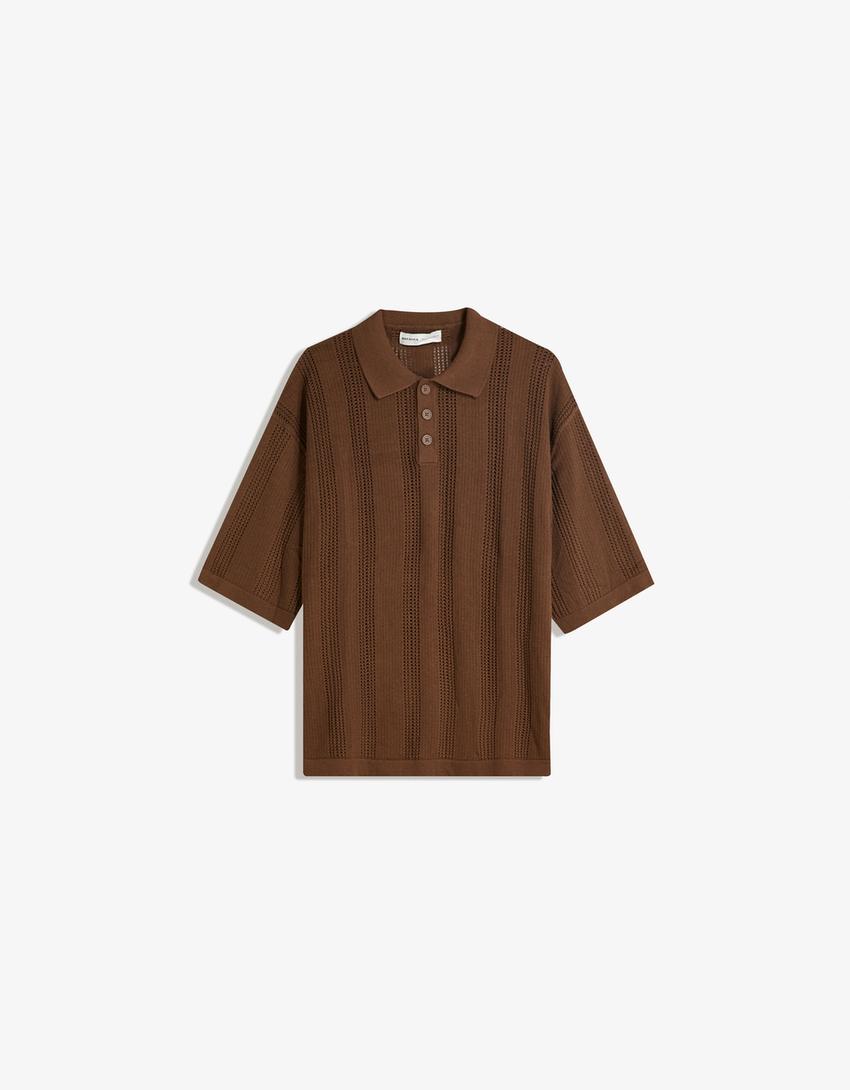 Textured openwork polo shirt-Brown