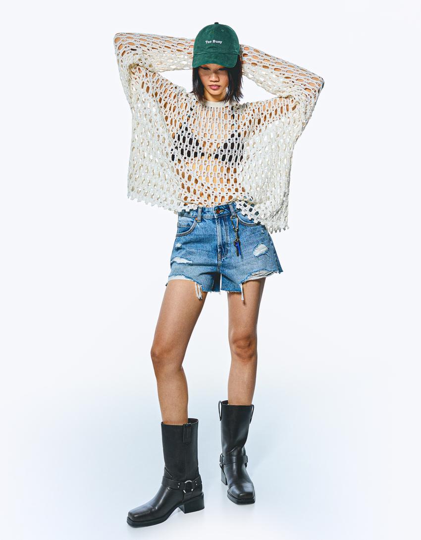 Ripped denim shorts-Blue