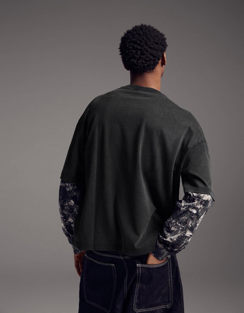 Double print long sleeve T-shirt-Black