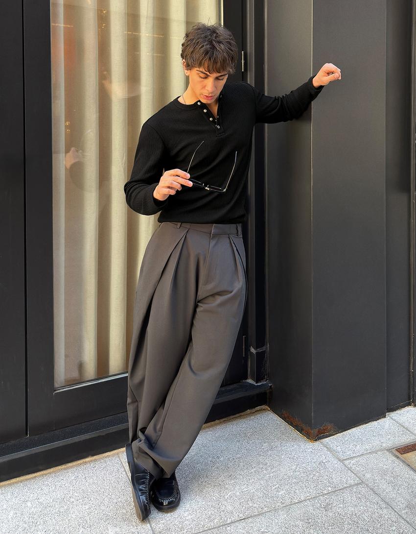 T-shirt à manches longues texturé-Noir