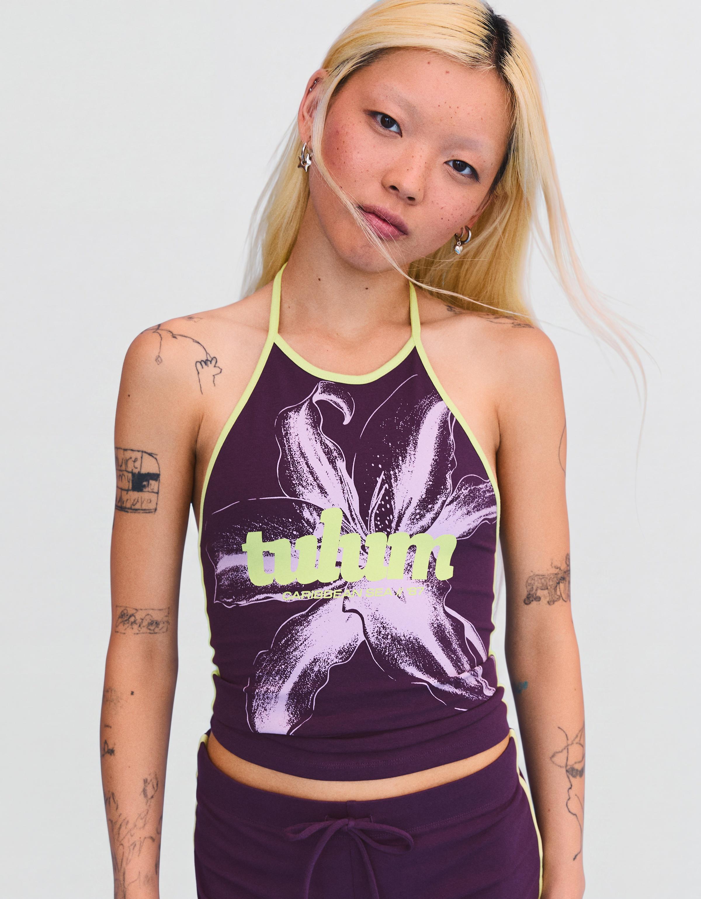 Contrast print halter top — Violet
