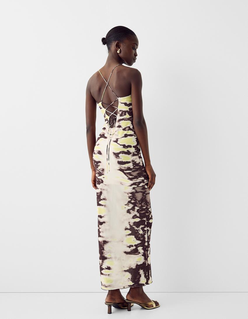 فستان متوسط الطول بحمالات وطبعة حيوانية-أخضر ليمي-2