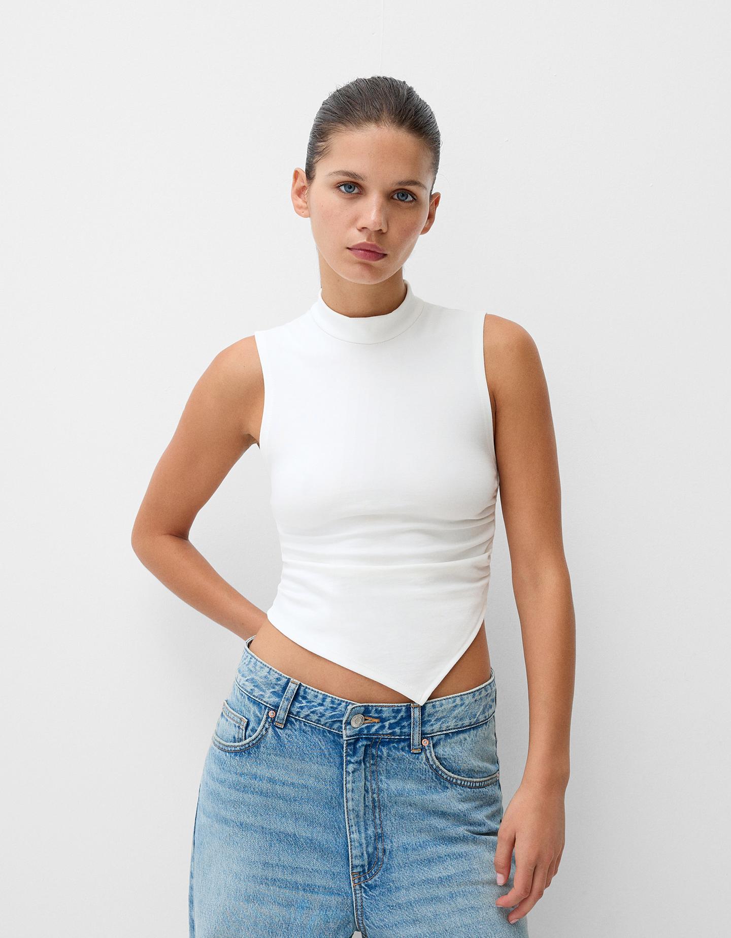 Bershka Top Asimmetrico Con Collo Alto Donna M Avorio