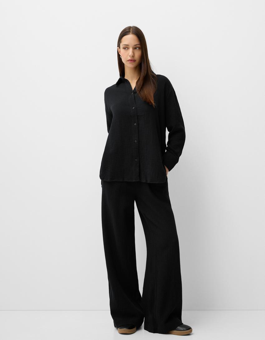 Double fabric chiffon trousers-Black-0