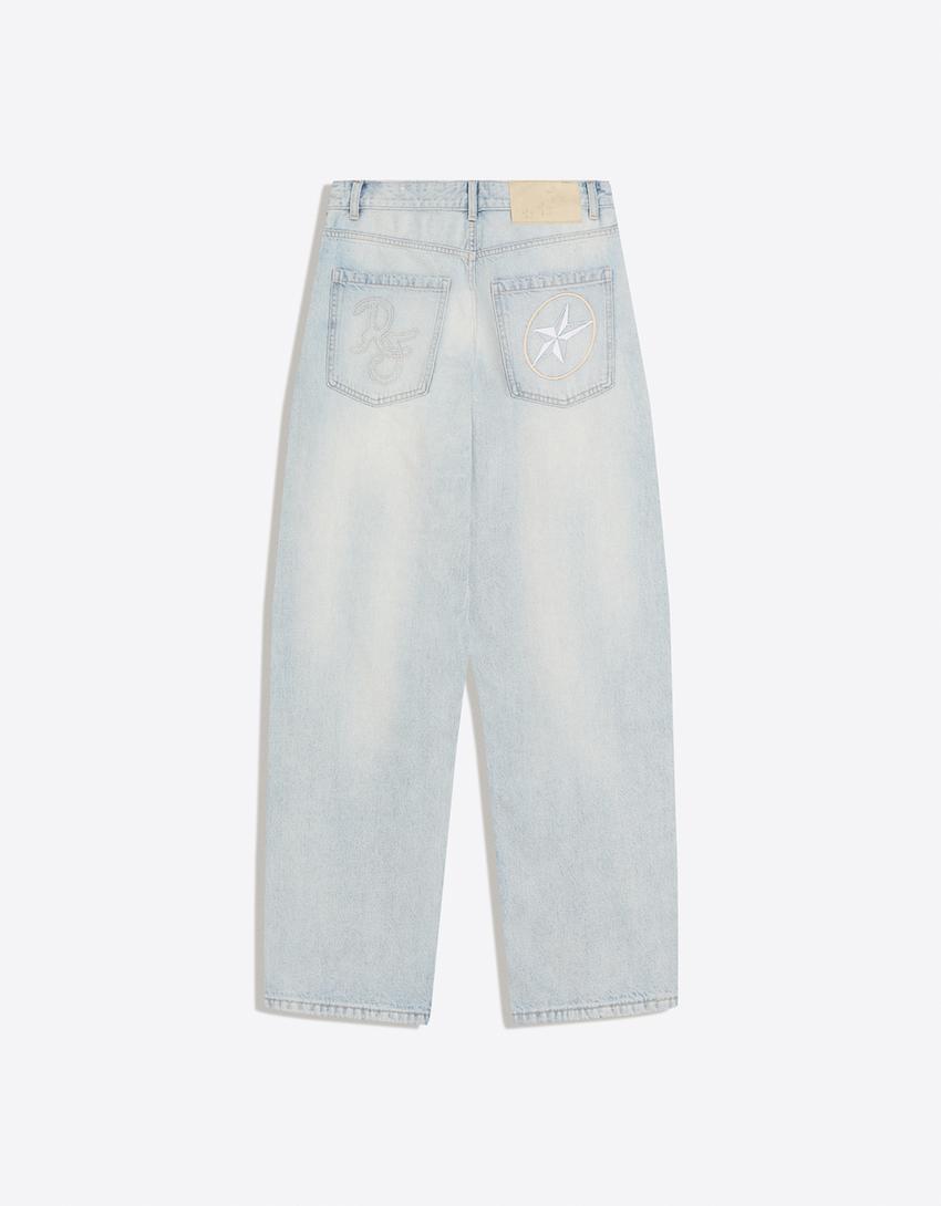 Jeans barrel bordado-Azul claro