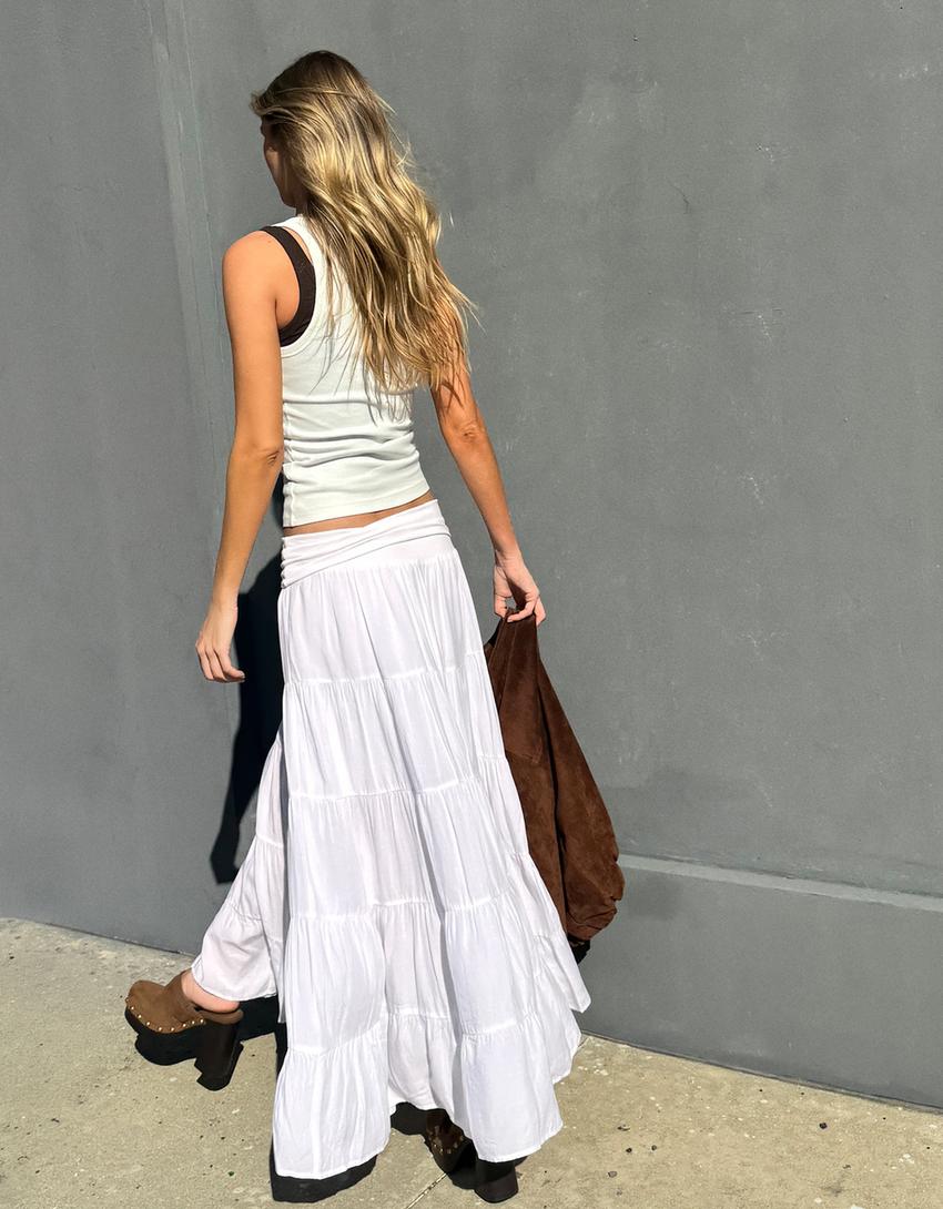Fold-over waist midi skirt-White