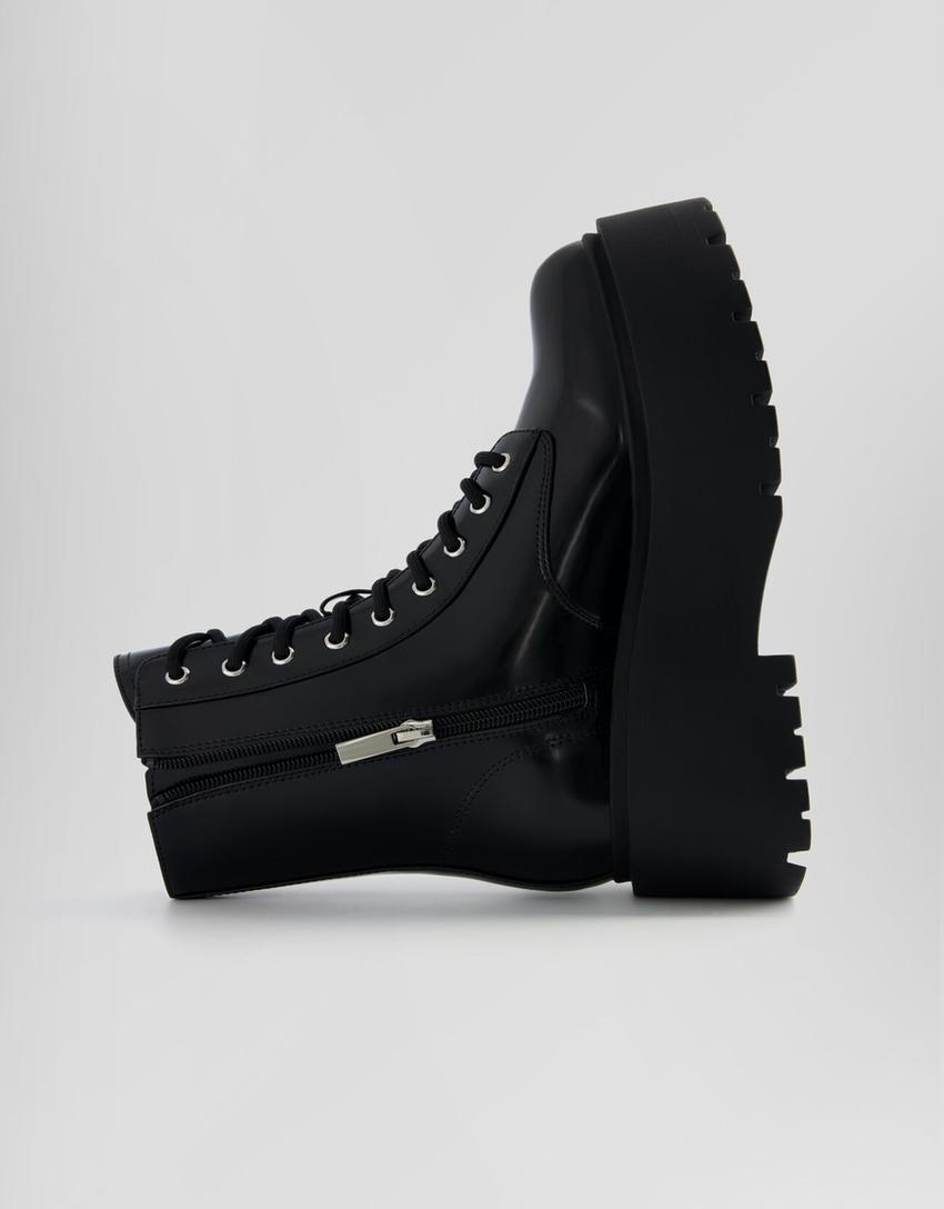 بوت برقبة للكاحل ونعل عال وأربطة-أسود