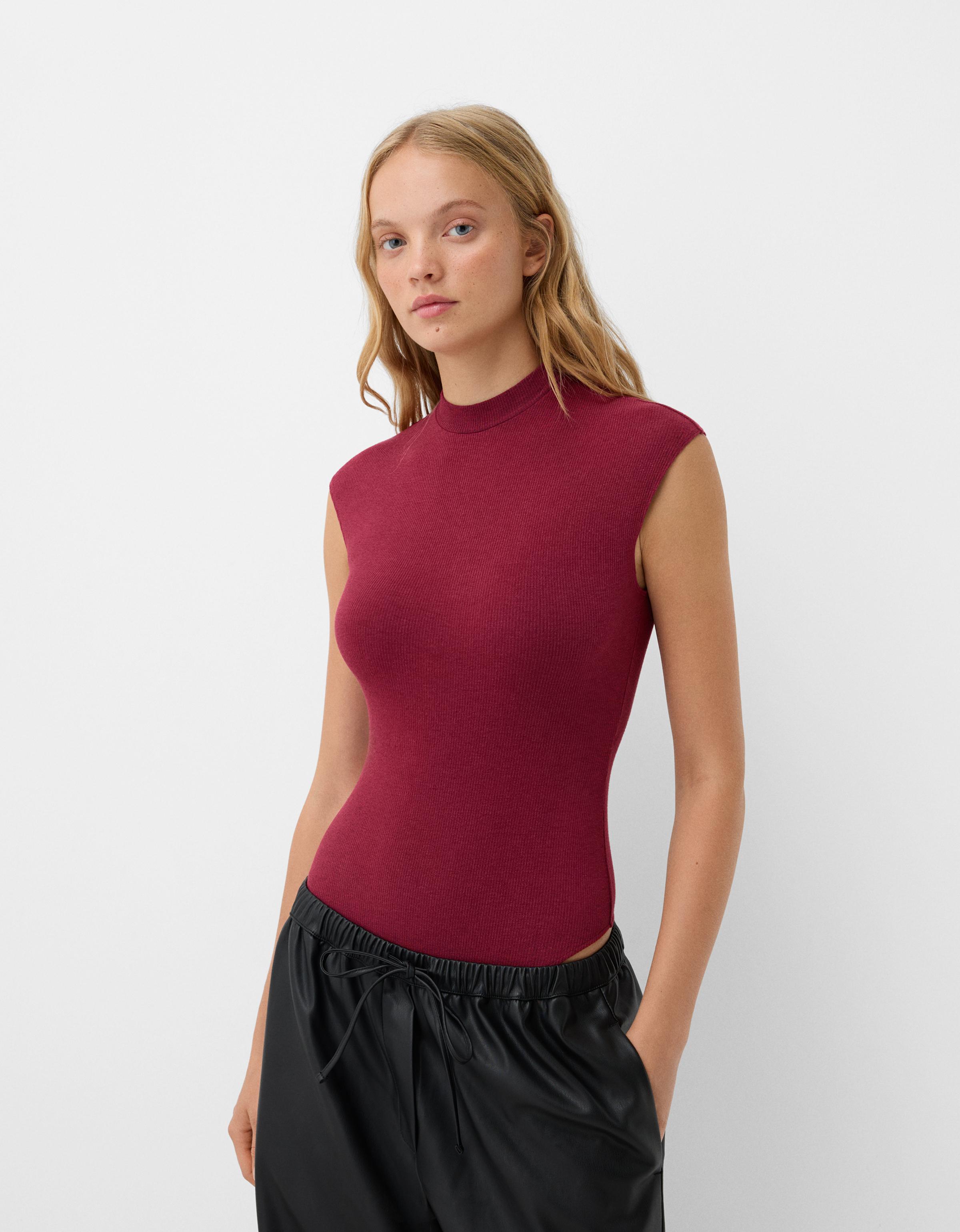 Bershka Ärmelloser Body Mit Patentmuster Und Stehkragen Damen Xs-S Rot