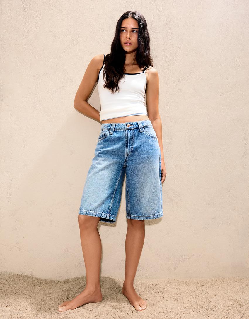 Calções denim baggy-Azul lavado-1