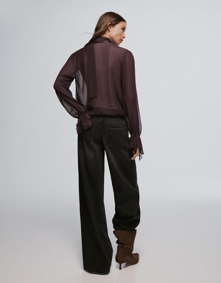 Long sleeve crossover scarf blouse-Brown
