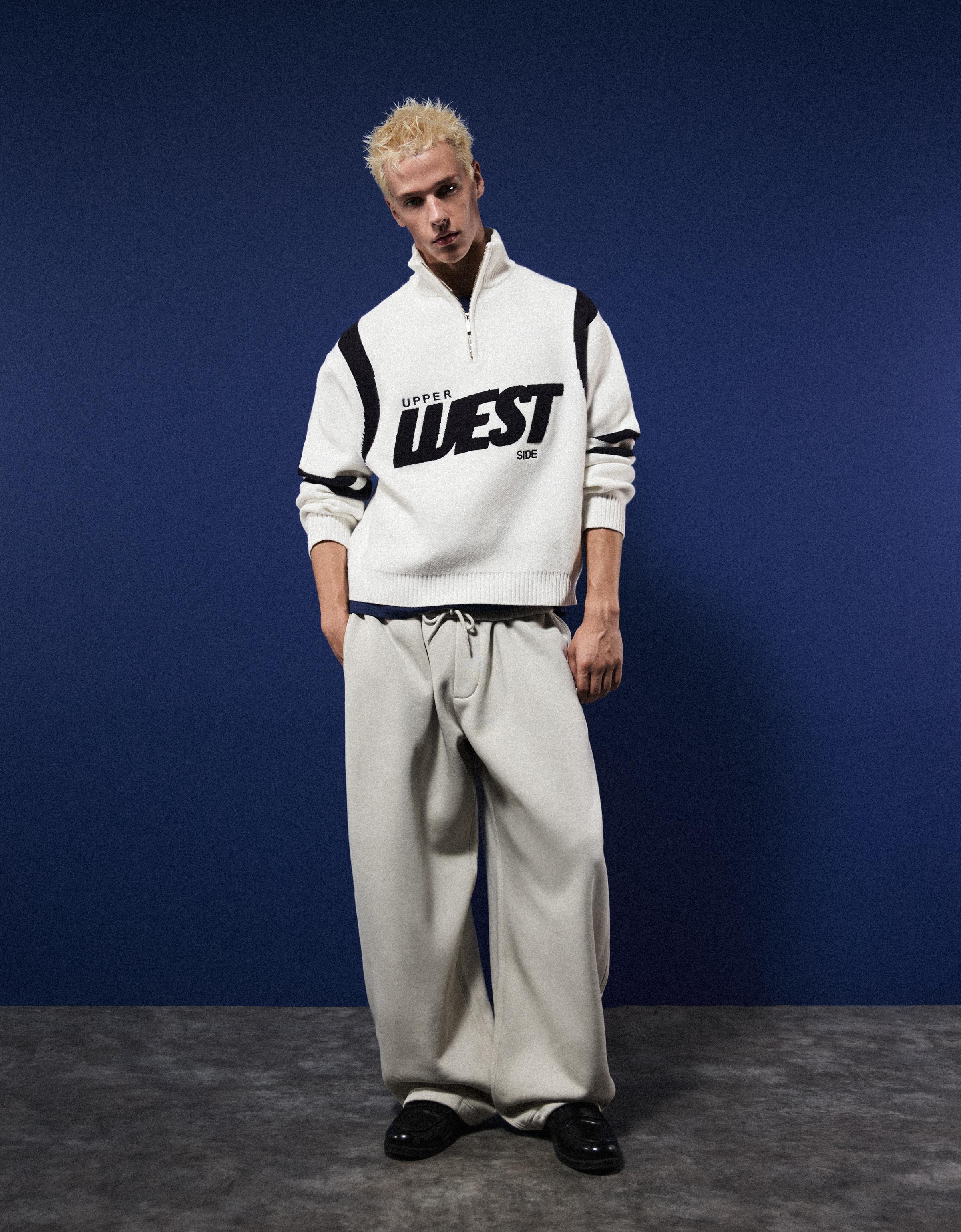 Bershka Grafik desenli yarım fermuarlı kazak görsel 4