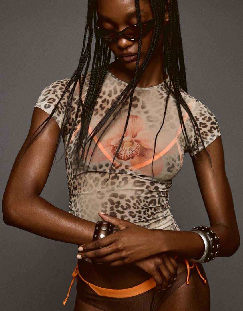 Printed short sleeve tulle T-shirt-Camel
