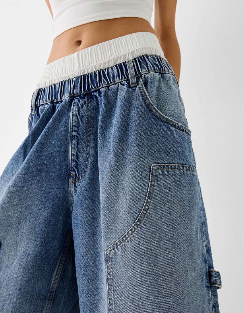 Calções bermuda jort denim baggy cintura contraste-Azul lavado-2