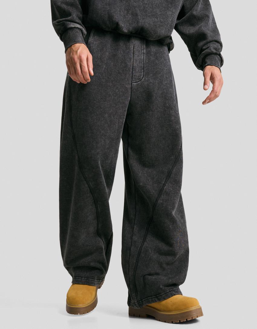 Yıkanmış görünümlü süper baggy fit pantolon-Gri-2