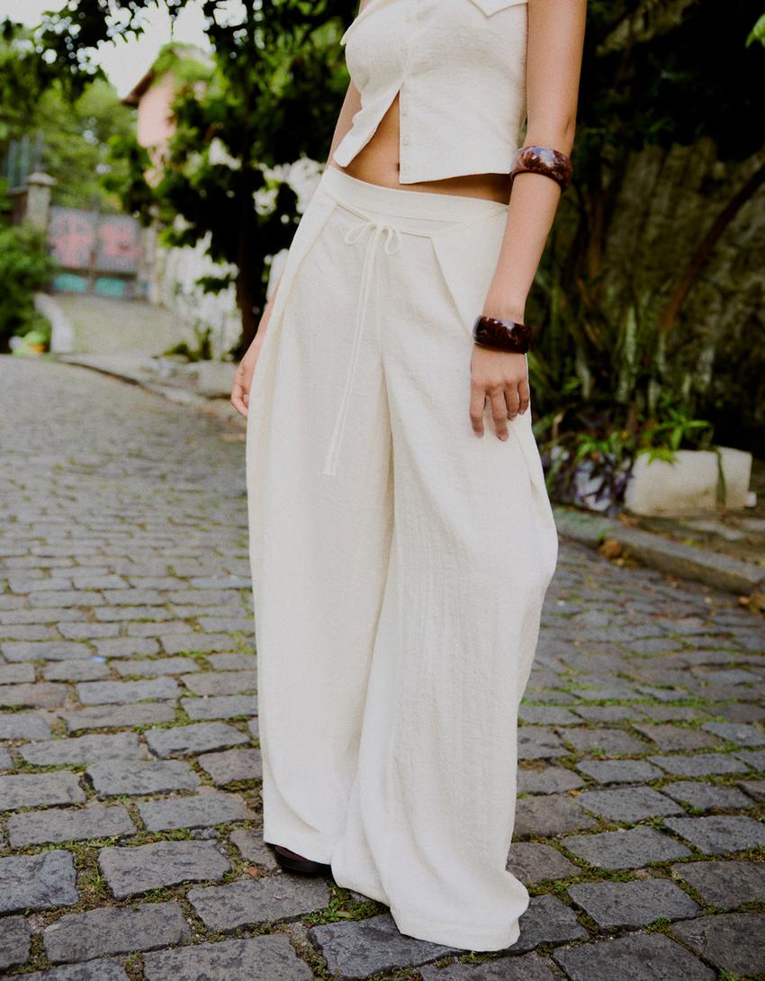 Rustic wide-leg trousers with pleats-Off white