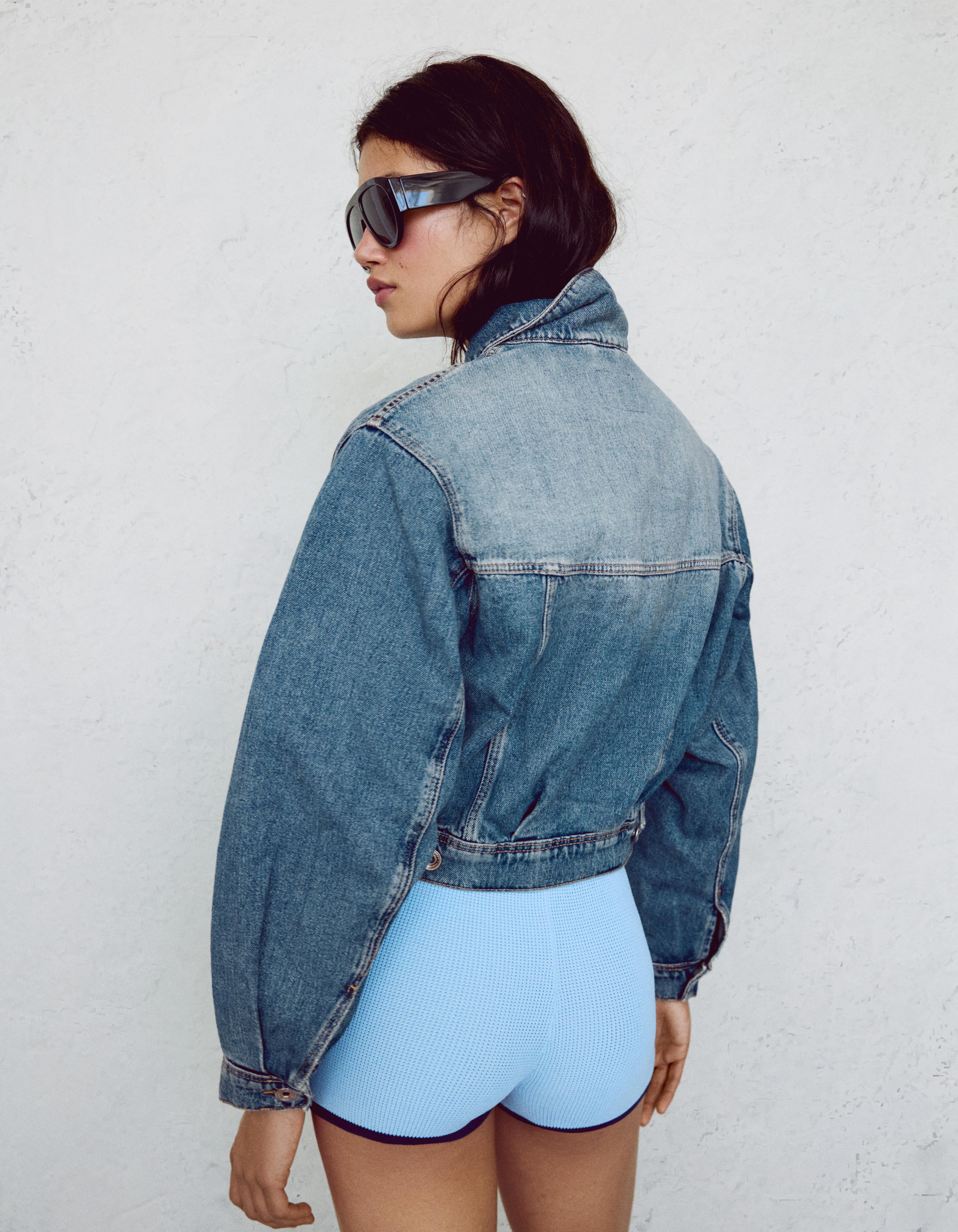 Cropped balloon denim jacket — Light blue